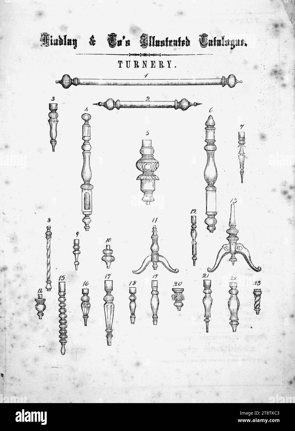 Findlay & Co.: Findlay and Co's Illustrated Catalog. Dreh. 1874 zeigt zwei Designs für Holzschienen und etwa zwanzig Designs für Holztisch- und Stuhlbeine, Tischständer usw. Stockfoto