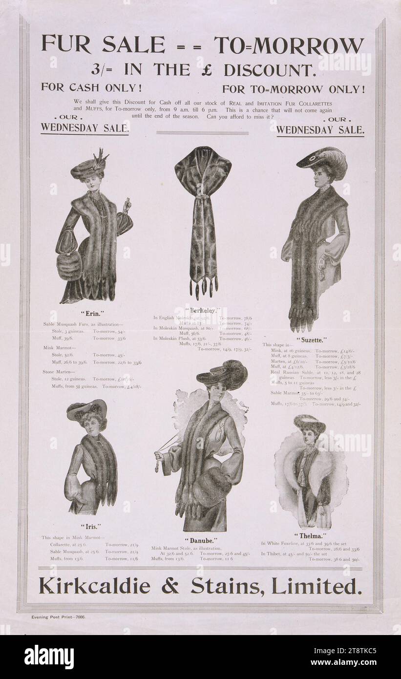 Kirkcaldie & Stains Ltd.: Pelzverkauf morgen. 3/- im Pfund Rabatt. CA 1905, Anordnung von Texten um fotografische Reproduktionen von Frauen mit Muschelmusquash, englischem Moleskin, Nerz, Marder, Mink Murmeltier, und andere Pelze Stockfoto