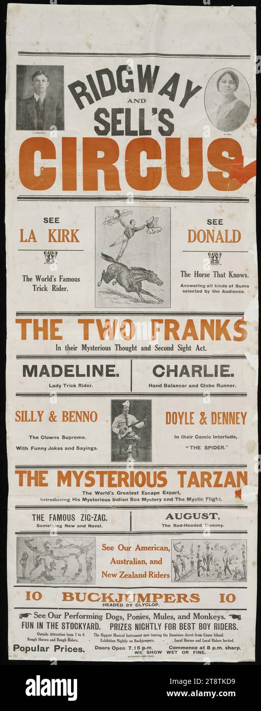 Ridgway und Sell's Circus. Southland News drucken. 1920s?, zeigt ein Arrangement verschiedener Texte, angeordnet um eingesetzte Stiche und Fotografien. Links oben ist Mr. C Ridgway und rechts oben eine Frau namens M Sell. Weitere bekannte Acts sind La Kirk (der weltberühmte Trickreiter), Donald (das Pferd, das weiß), die beiden Franks (geheimnisvoller Gedanke und zweiter Blick), Madeline (Lady Trick Rider), Charlie (Handbalancer und Globus Runner), Silly & Benno (Clowns), Doyle & Denny (Comedians), der geheimnisvolle Tarzan (Fluchtexperte), der berühmte Zig-Zag, August der rothaarige Dummy, zehn Buckjumper Stockfoto