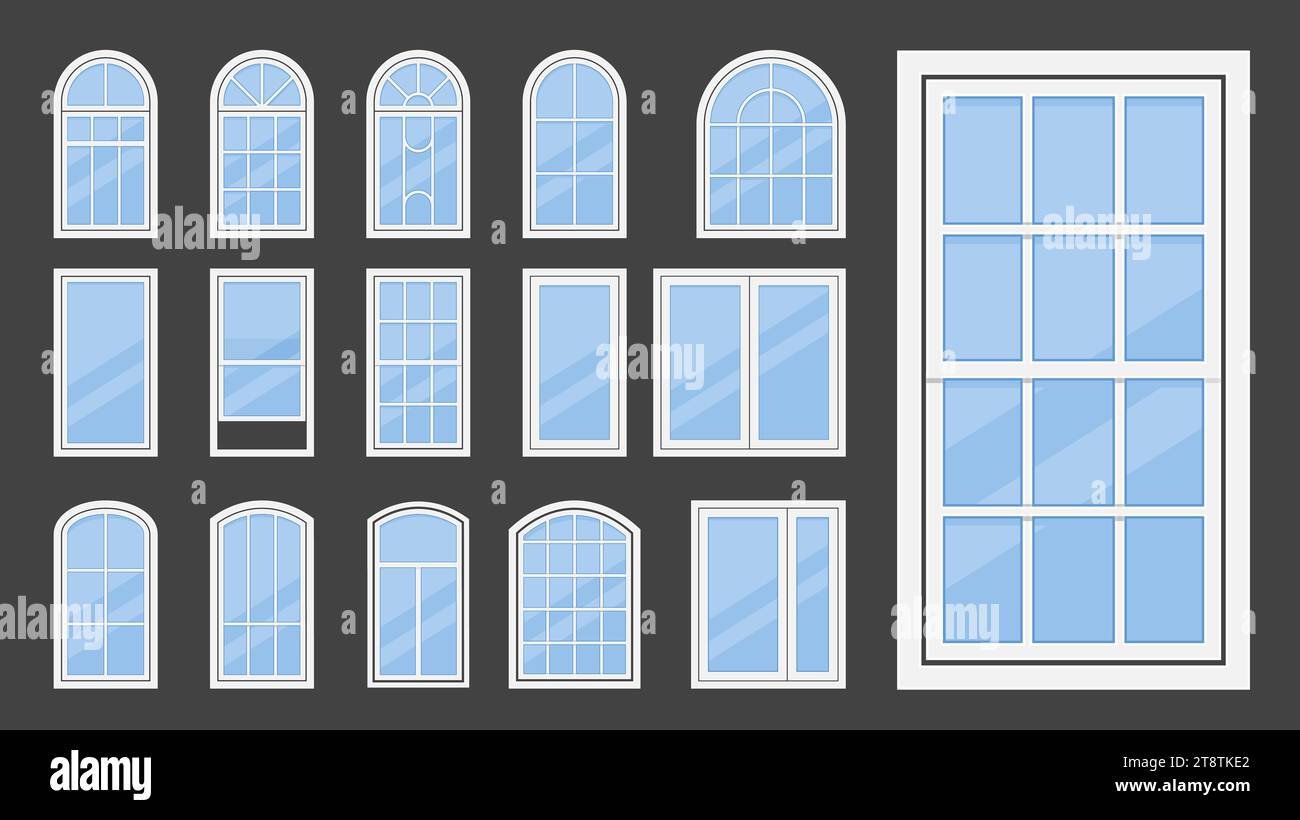 Kunststofffenster mit verschiedenen Arten Rahmen und Glas, Fensterrahmen, Fensterflügel Sammlung, Vektor Stock Vektor