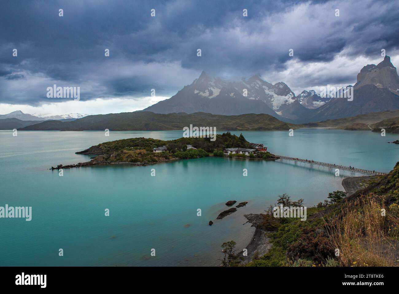 Blick auf den See Pehoe im Nationalpark Torres del Paine, Chile Stockfoto