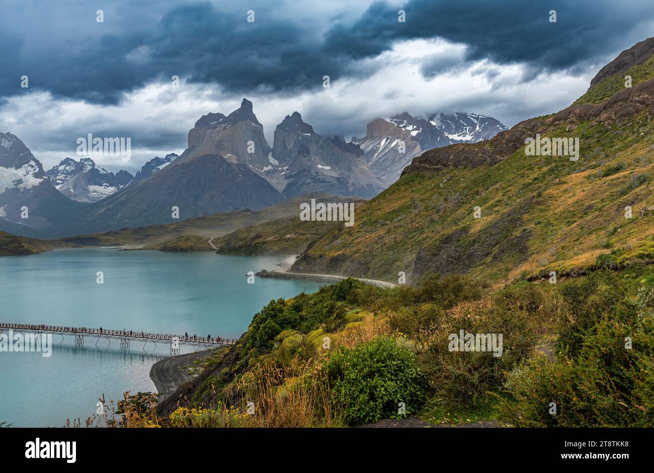 Blick auf den See Pehoe im Nationalpark Torres del Paine, Chile Stockfoto