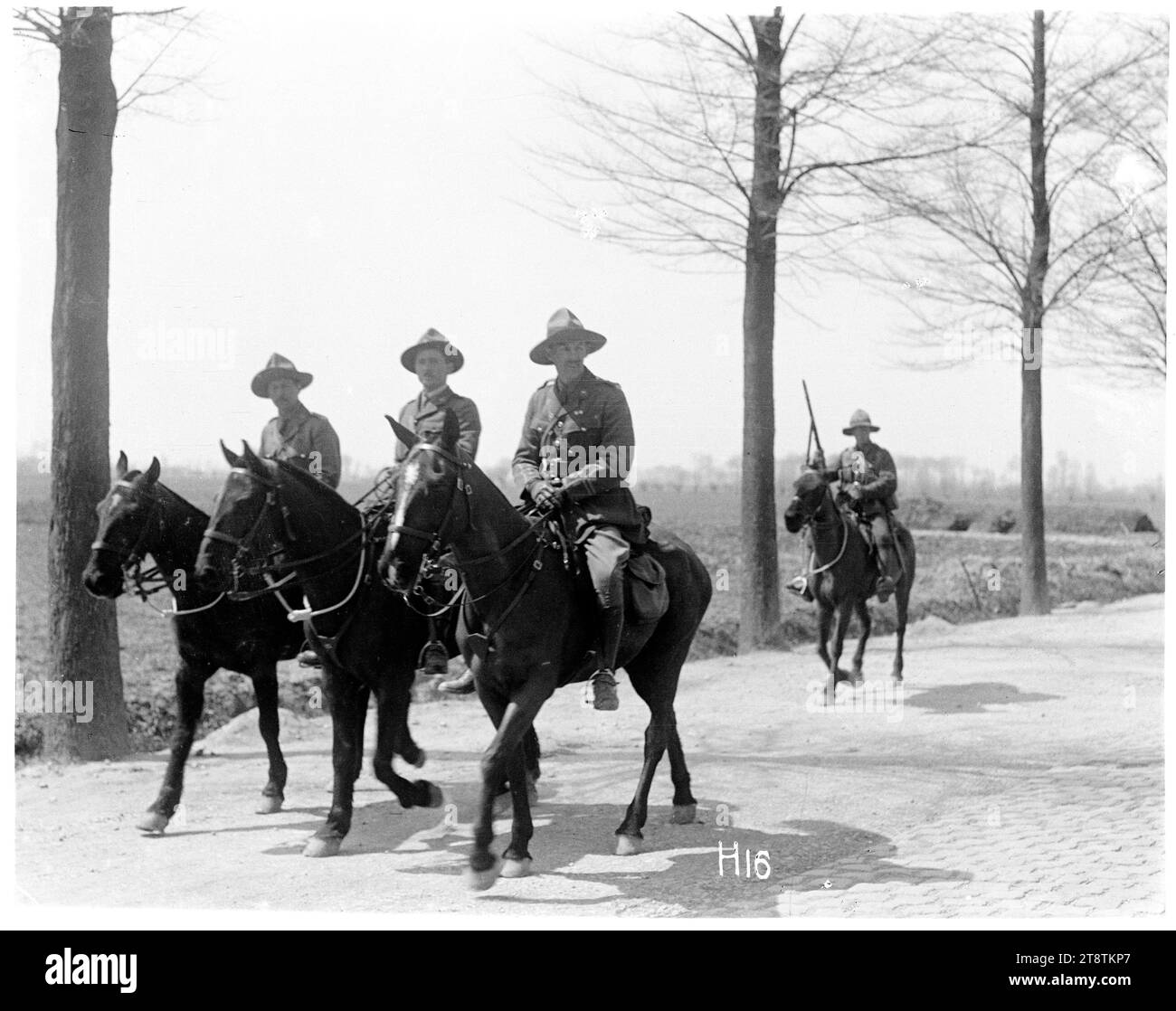 Einige neuseeländische Offiziere zu Pferd, einige neuseeländische Offiziere reiteten am 15. Mai 1917 auf einer Straße. Colonel Standish ist der Kamera am nächsten. Foto aufgenommen 1917 Stockfoto