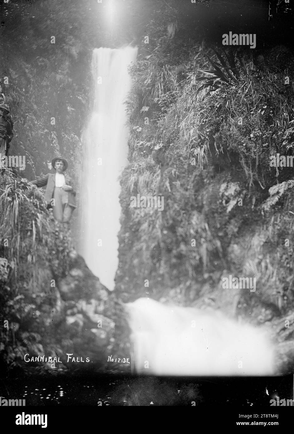 Cannibal Falls, in der Nähe von Raglan, Neuseeland, Blick auf die Cannibal Falls, in der Nähe von Raglan, Neuseeland. Aufgenommen um die 1910er Stockfoto