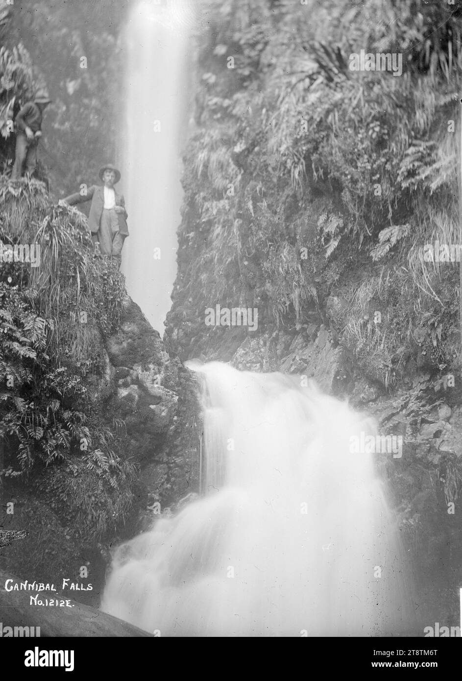 Cannibal Falls, in der Nähe von Raglan, Neuseeland, Blick auf die Cannibal Falls, in der Nähe von Raglan, Neuseeland. Aufgenommen um die 1910er Stockfoto