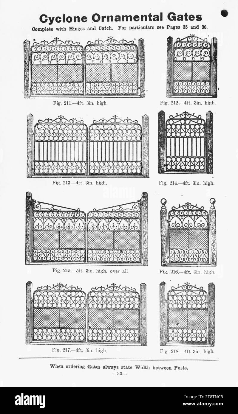Cyclone Fence & Gate Co. Ltd: Zyklon ornamental Gate. Geben Sie bei der Bestellung von Gates immer die Breite zwischen den Pfosten an. Katalogseite. 1900-1910?, zeigt acht verschiedene Beispiele von schmiedeeisernen Toren, vier Einzel- und vier Doppelöffnungen Stockfoto