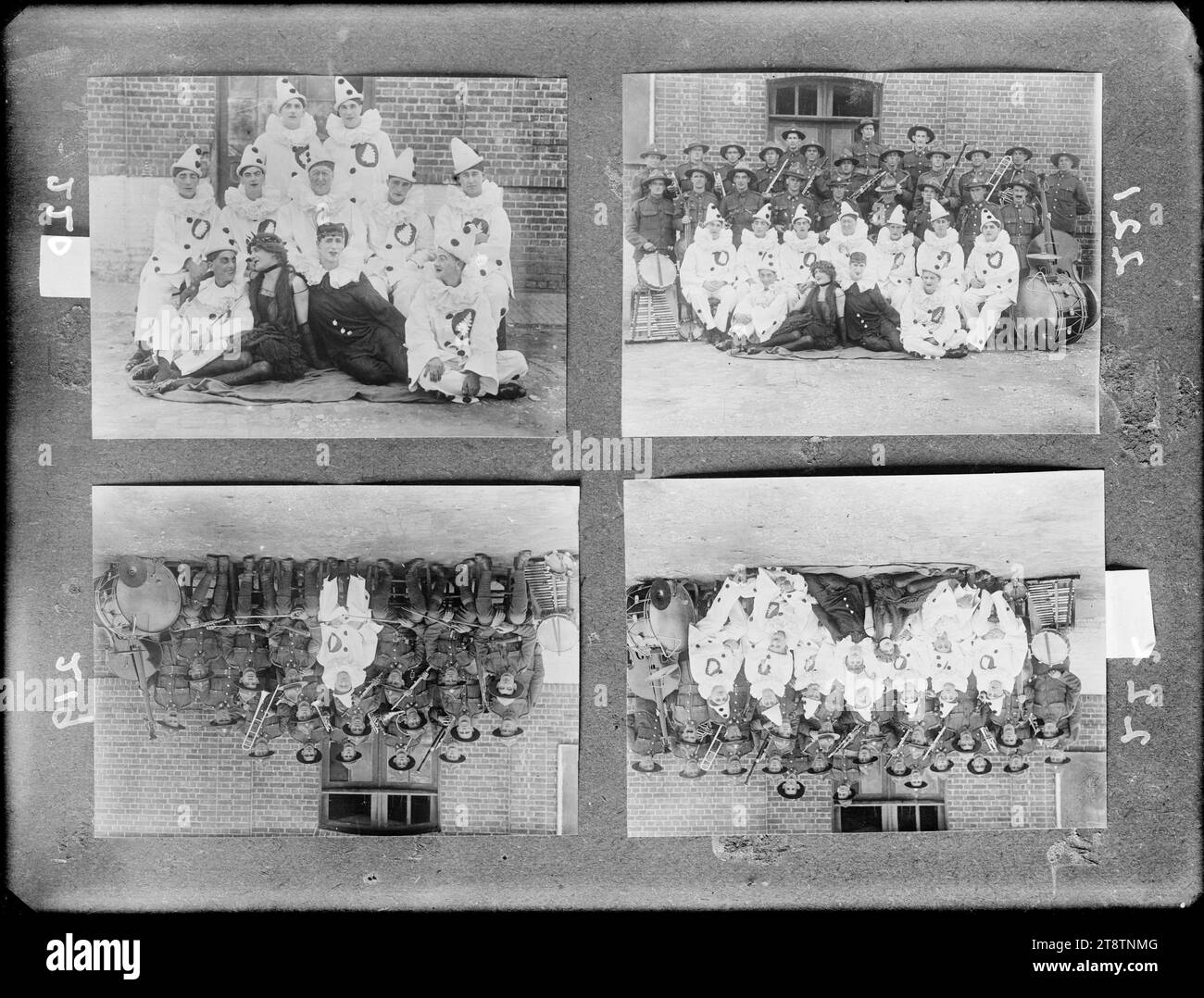 Vier Gruppenfotos von Digger Pierrot aus dem Ersten Weltkrieg, Kopie negativ einer Reihe von vier Gruppenporträtfotos (gekennzeichnet mit 219 bis 225) der „Digger Pierrots“, einer Unterhaltungsgruppe, die 1917 an der Westfront gegründet wurde, um neuseeländische Soldaten während des Ersten Weltkriegs zu unterhalten, und deren Orchester. Foto zwischen 1917 und 1918 Stockfoto