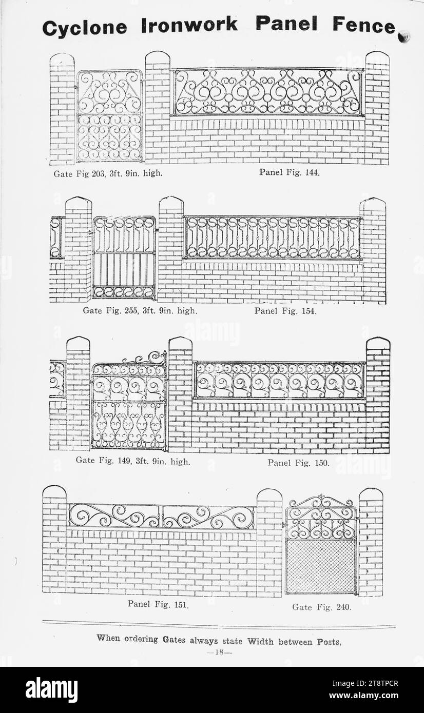 Cyclone Fence & Gate Co. Ltd: Zyklon-Eisenwerk-Plattenzaun. Geben Sie bei der Bestellung von Gates immer die Breite zwischen den Pfosten an. Katalogseite. 1900-1910?, zeigt vier verschiedene Beispiele von schmiedeeisernen Toren und Geländern, die in Ziegelmauern angebracht sind Stockfoto