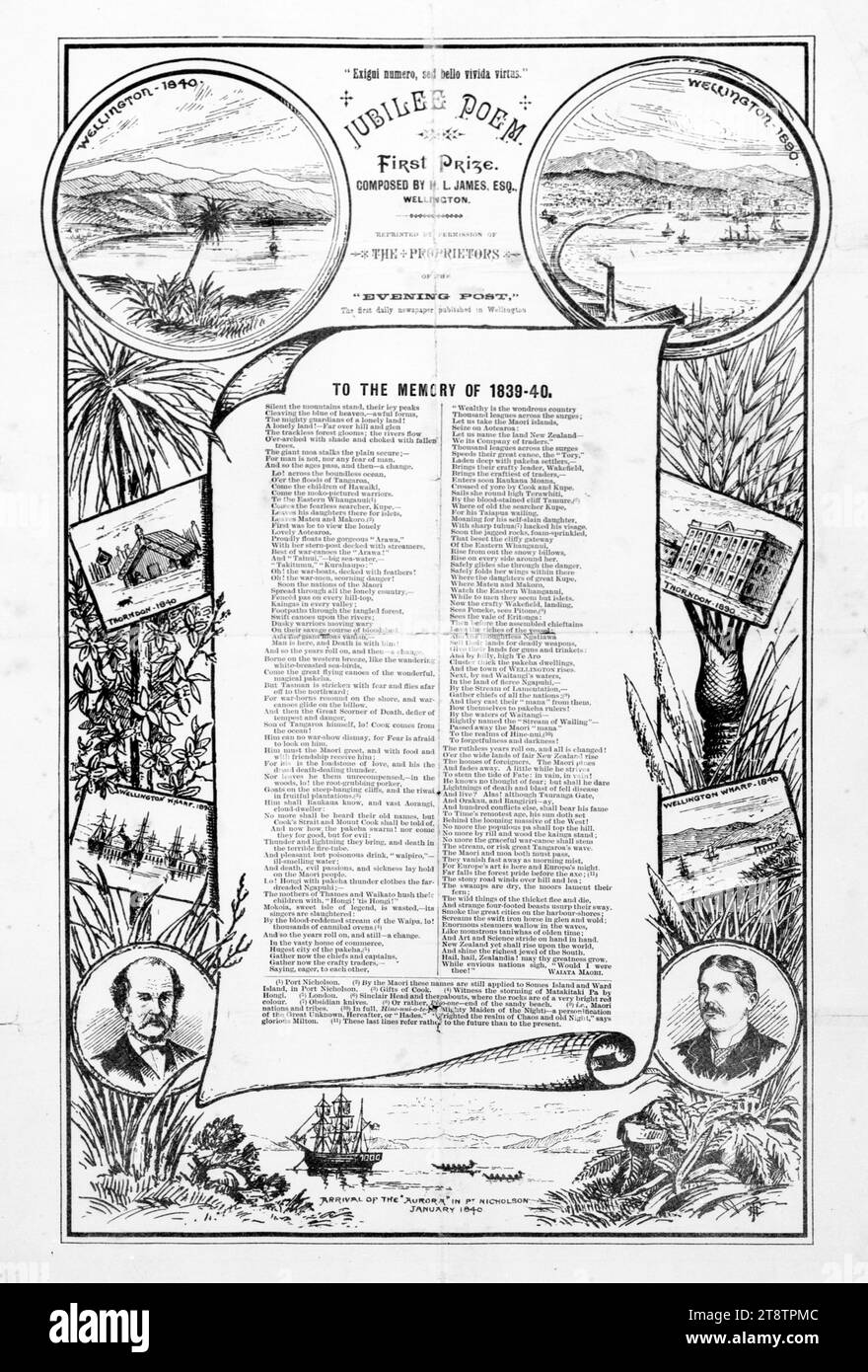 Abendpost: Zum Gedenken an 1839-40. Jubilee Poem, erster Preis komponiert von H L James, esq, Wellington, Neuseeland. Nachdruck mit Genehmigung der Evening Post. 1890, zeigt das Gedicht in einer zentralen Tafel mit eingebetteten Ansichten von Wellington, Neuseeland in den Grenzen: Wellington, Neuseeland 1840; Wellington, Neuseeland 1890; Ankunft der 'Aurora' in Port Nicholson, Januar 1840; Thorndon 1840; Thorndon 1890; Wellington, New Zealand Wharf 1840; Wellington, New Zealand Wharf 1890 Stockfoto