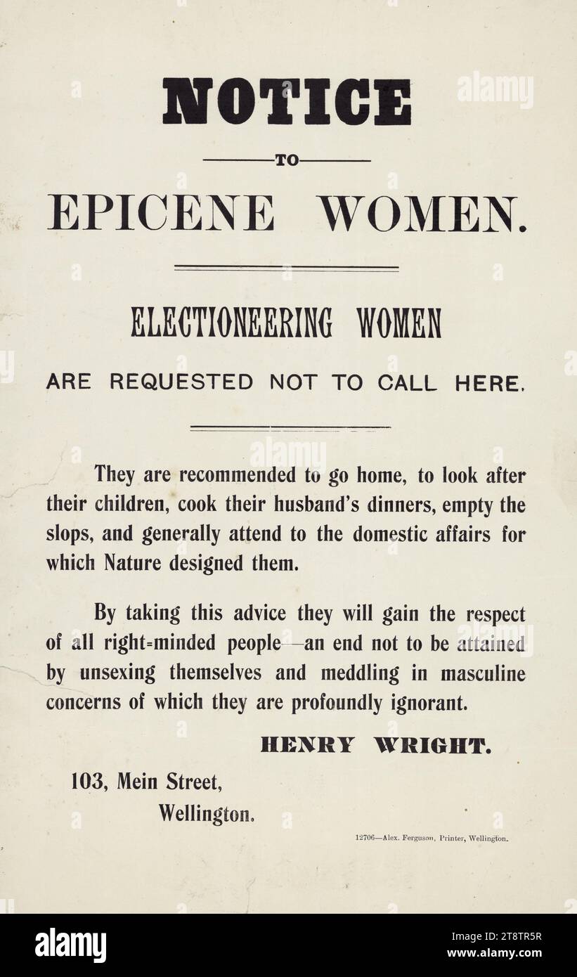 Wright, Henry Charles Clarke, 1844-1936: Mitteilung an Epizene-Frauen. Wahlmänner werden gebeten, hier nicht anzurufen. 12706: Alex Ferguson, Drucker, Wellington, Neuseeland. 1902, typographische Anordnung, die Frauen warnt, sich nicht in männliche Sorgen einzumischen Stockfoto