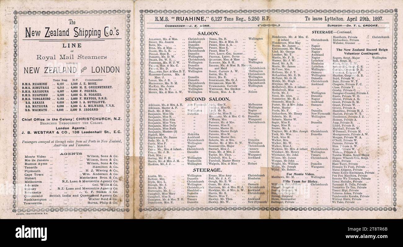 New Zealand Shipping Company Limited: New Zealand Line. Liste der Passagiere. R.M.S. Ruahine. Innerhalb des Druckbogens. 1897 ist eine Liste der Agenten der Firma auf der ganzen Welt, und eine Liste der Passagiere in Saloon, Second Saloon, Steerage. Die Liste enthält ein Gewehrteam, das nach Bisley fährt, einen Passagier (Mr. M. Matthews) nach Montevideo und die Mitglieder des New Zealand Record Reign Volunteer Kontingents, die auf der Ruahine zum Jubiläum von Queen Victoria unterwegs sind und Lyttelton am 29. April 1897 verlassen Stockfoto