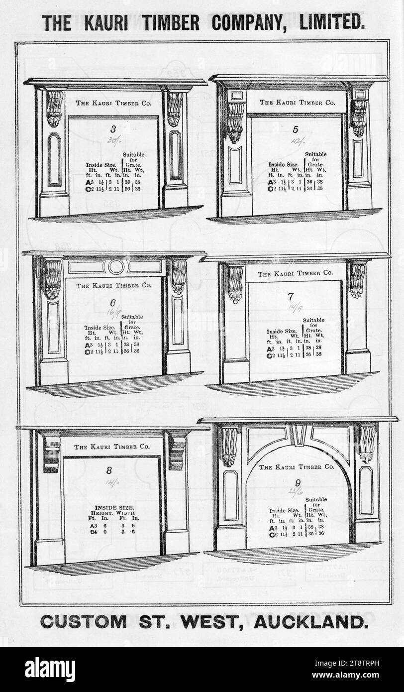 The Kauri Timber Company Ltd (Auckland, New Zealand Office): Kaminstücke, Modelle 3,5,6,7,8,9. Katalogseite. CA 1906 zeigt sechs Beispiele für Kamine oder Feuerumrandungen Stockfoto