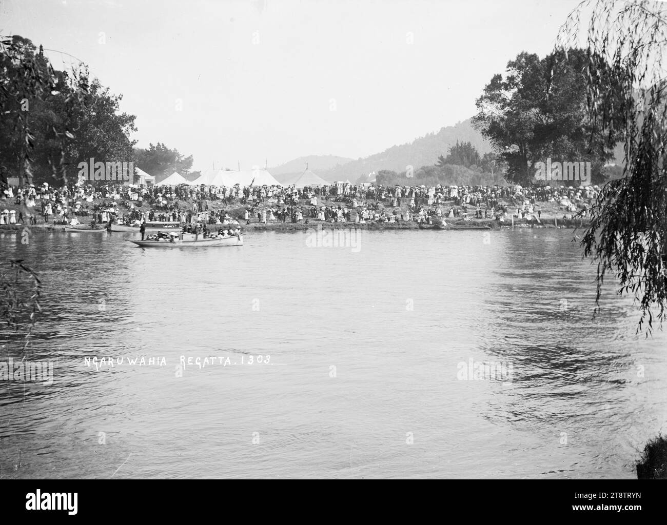 Regatta am Waikato River bei Ngaruawahia, Neuseeland, um 1910, Regatta am Waikato River bei Ngaruawahia, Neuseeland, um 1910. Auf der anderen Seite des Flusses sind Festzelte zu sehen, mit Menschenmassen am Flussufer. Neben der Bank befinden sich mehrere Motorboote, eines mit Fahrgästen beladen Stockfoto