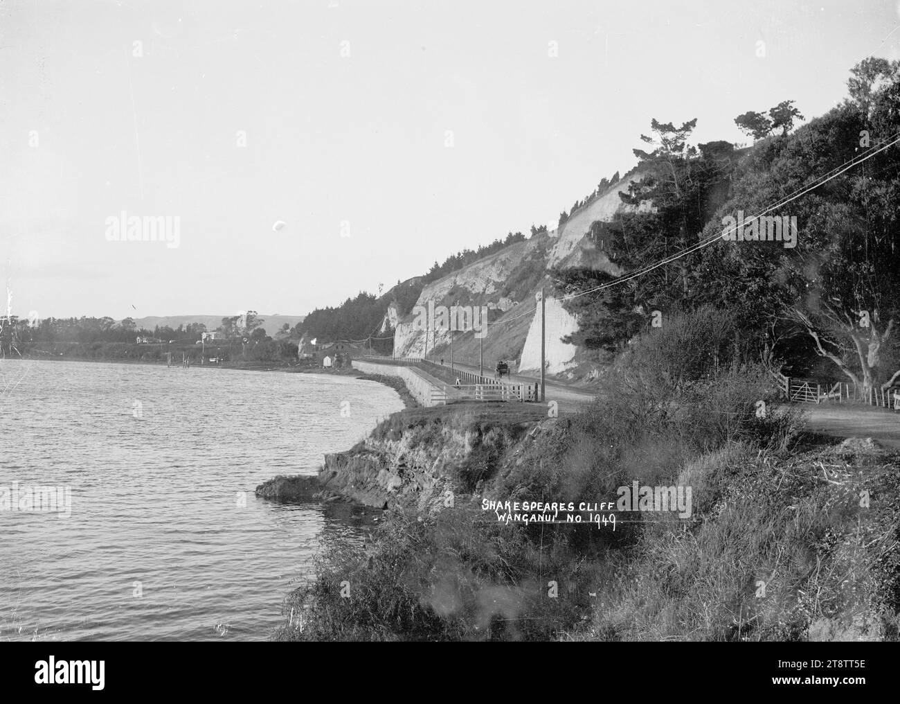 Blick auf Shakespeare's Cliff am Whanganui River, in der Nähe von Wanganui, Neuseeland, Blick auf Shakespeare's Cliff am Whanganui River, in der Nähe von Wanganui, Neuseeland Stockfoto