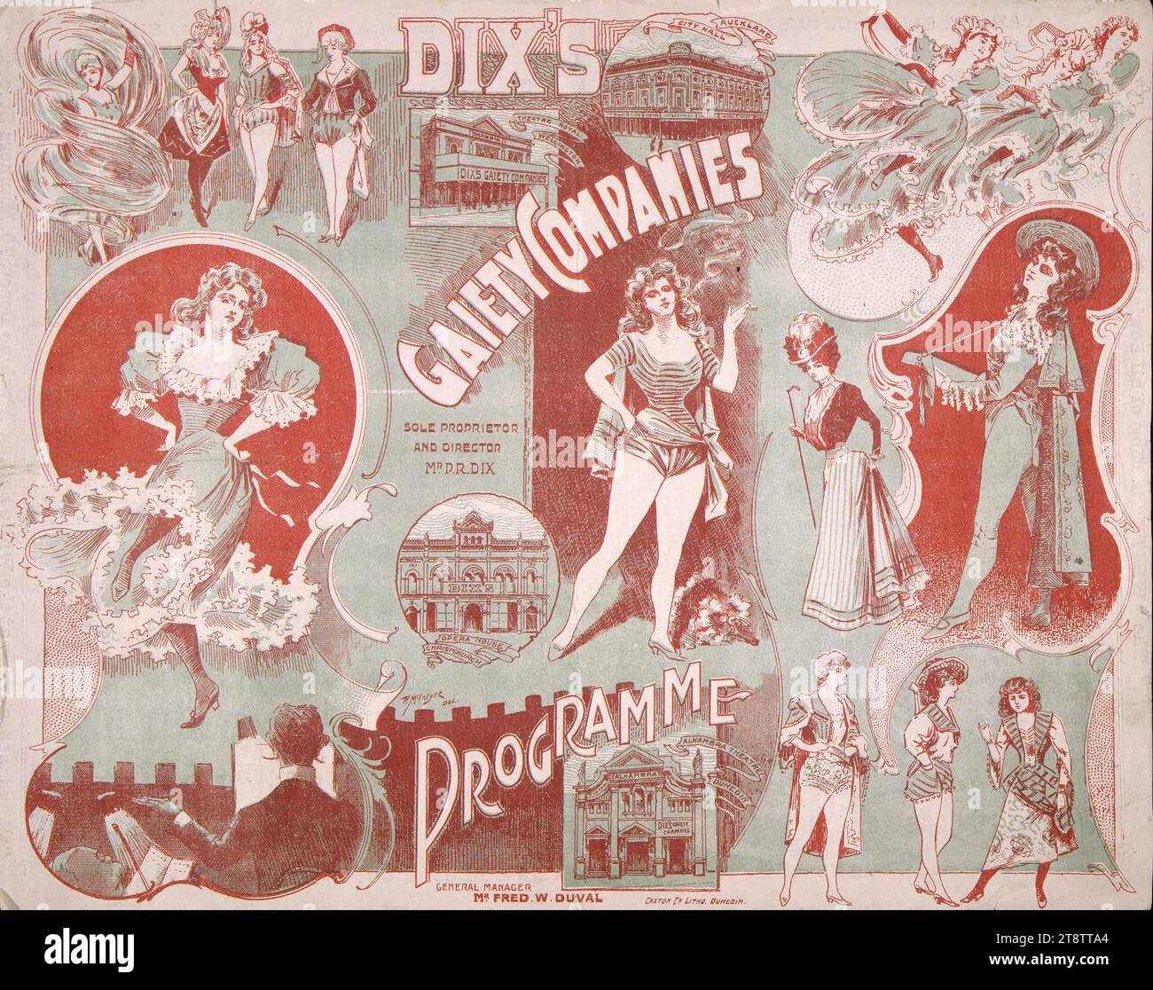 Dix's Gaiety Company: Programm Theatre Royal Wellington, Neuseeland. 1901-02. Rote und grüne Deckschicht, rot und grün gefärbt. Design von P. McIntyre. Zeigt Arrangement von Bildern weiblicher Darstellerinnen in Kostümen, mit Einsätzen von Theatre Royal, Wellington, Neuseeland; Opera House, Christchurch, Neuseeland, Alhambra Theatre, Dunedin und City Hall Auckland, Neuseeland Stockfoto