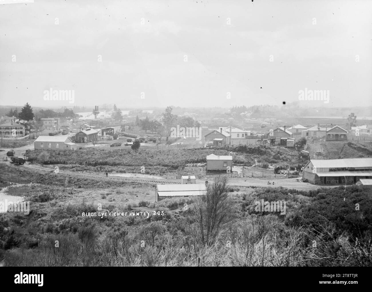 Blick auf Huntly, ca. 1910er Jahre, aus der Vogelperspektive, Blick auf Huntly, mit dem Zentrum des Bahnhofs links, ca. 1910er Jahre Stockfoto