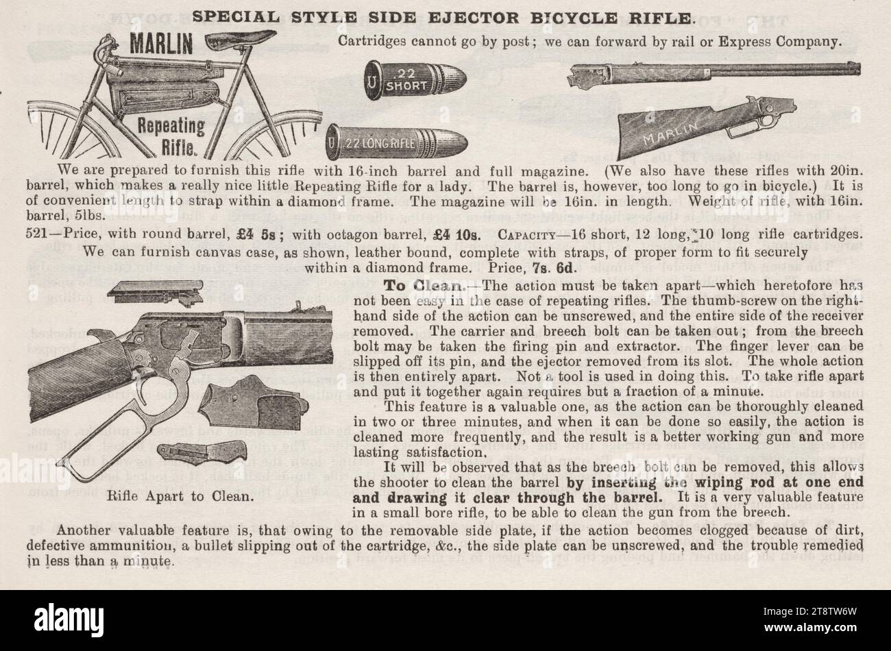 A & W McCarthy (Firma): Spezielles Seitenauswerfer-Fahrradgewehr 1902, eine Werbung für ein Marlin-Repeating-Gewehr mit einer Illustration eines an einem Fahrrad befestigten Gewehrs. Es sind zwei Größen von Kugel abgebildet, und es gibt eine Abbildung des Gewehrs, das zur Reinigung auseinandergenommen wurde. Der Text enthält Anweisungen zur Reinigung Stockfoto