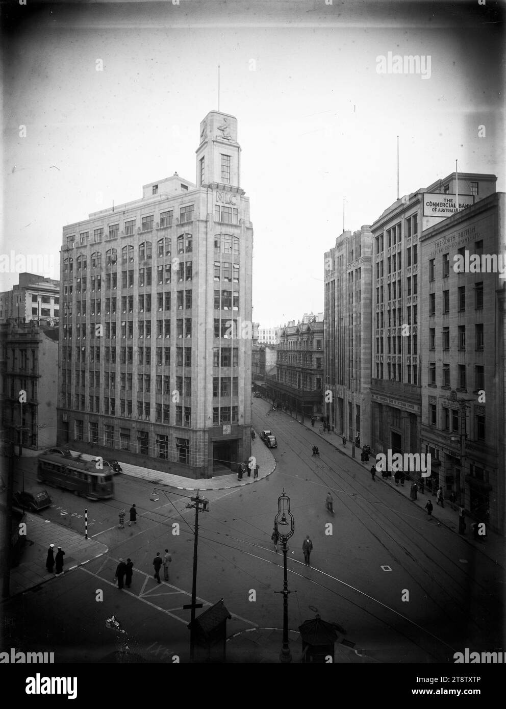 Mutual Life & Citizens Assurance Company Building, Ecke Lambton Quay und Hunter Street, Wellington, Neuseeland, CA 1940 Stockfoto