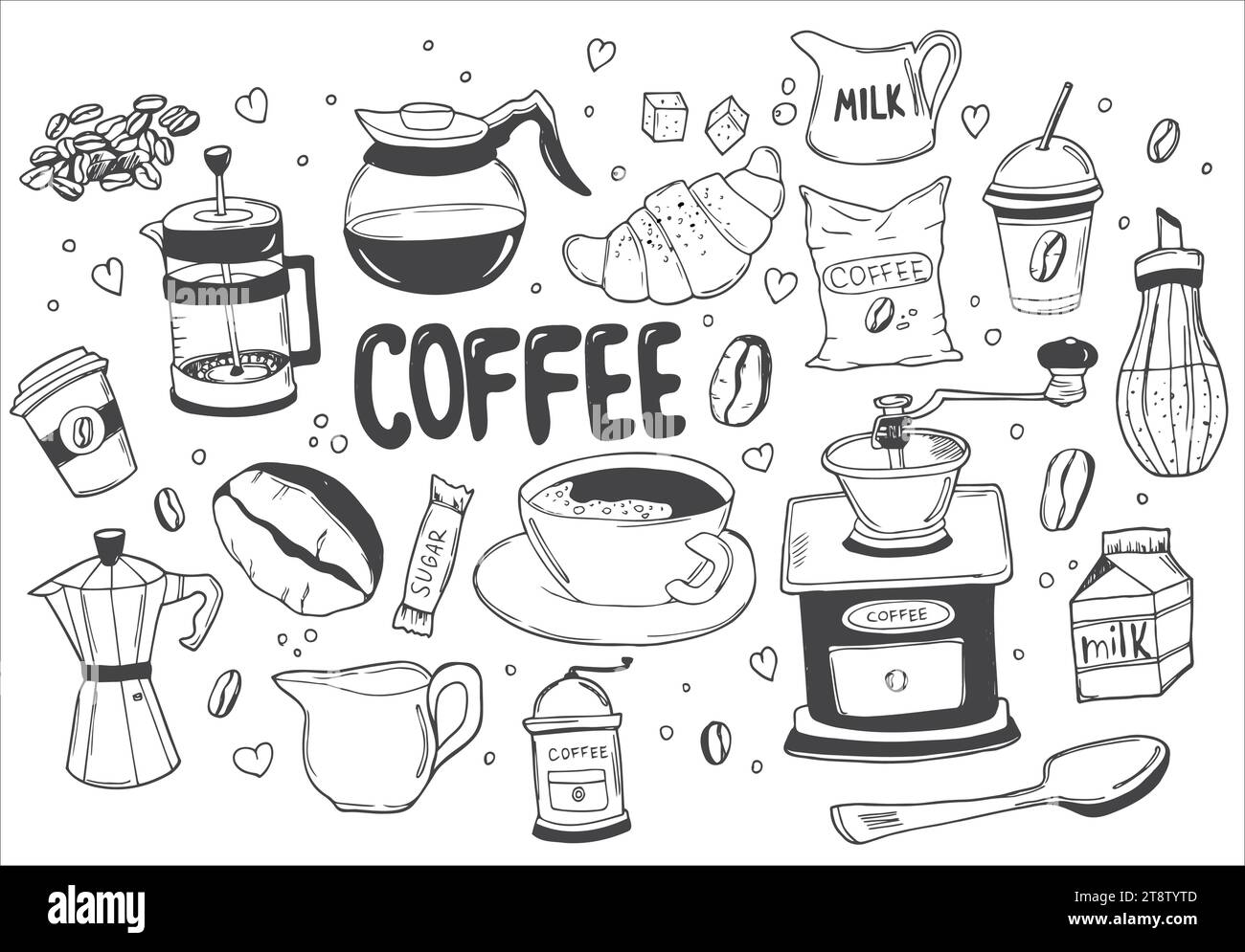 Set mit Kritzeleien, handgezeichnete, grobe, einfache Skizzen, verschiedene Kaffeesorten, Zutaten und Geräte für die Kaffeezubereitung. Vektor isoliert auf weißem Hintergrund Stock Vektor