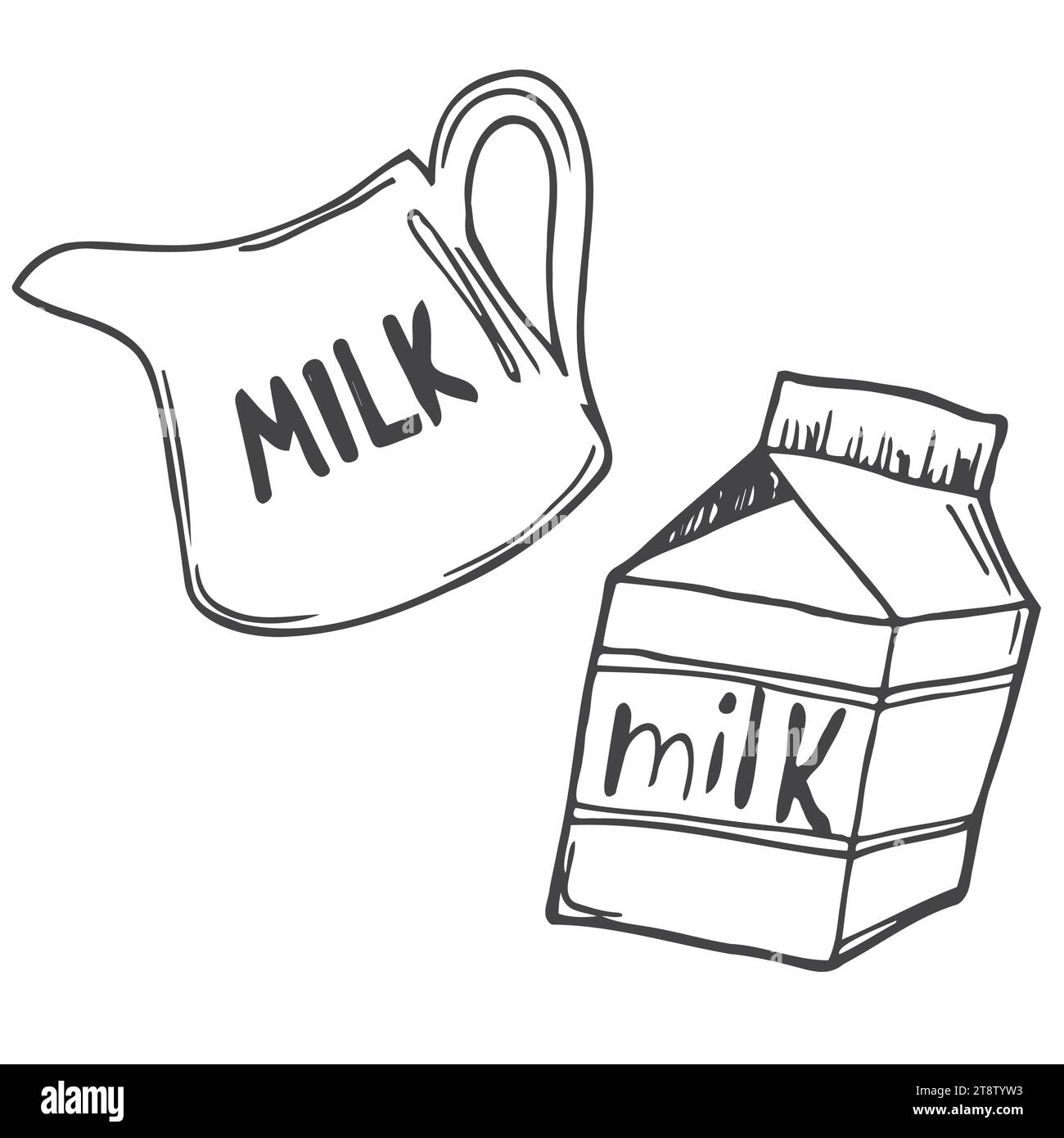 Milch- und Saft-Illustration im Doodle-Stil im Vektorformat eingestellt. Enthält Papier- und Kunststoffkartons Stock Vektor