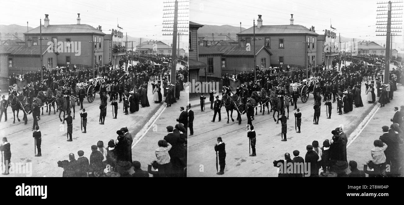 Stereoskopische Betrachtung der Beerdigungsprozession von Sir Richard John Seddon am Thorndon Quay, Wellington, Neuseeland, 1906 Stockfoto