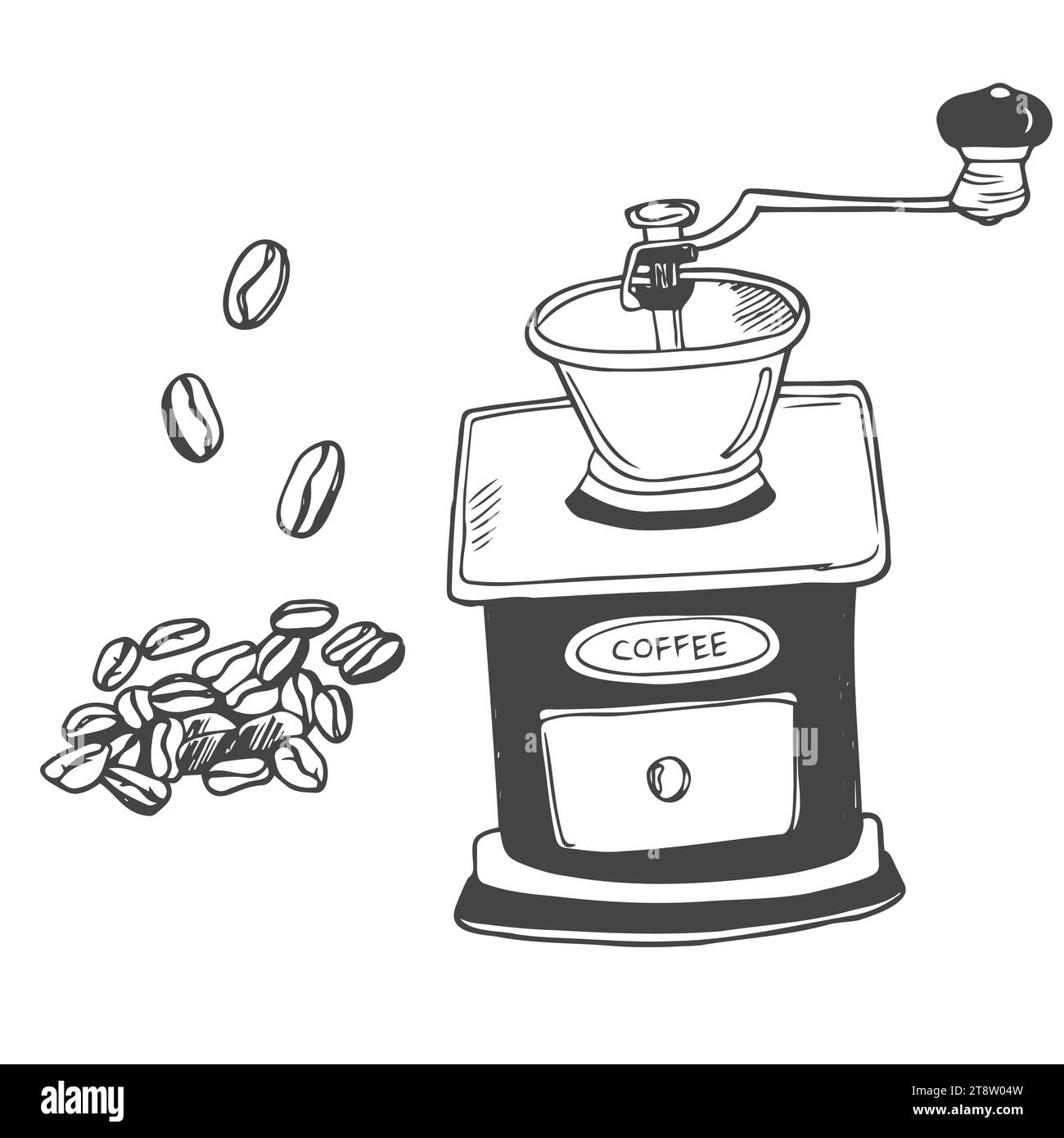 Handgezeichnete Zeichnung einer manuellen Kaffeemühle mit Schriftzug Kaffeemühle. Im Doodle-Stil, schwarze Umrisse Stock Vektor