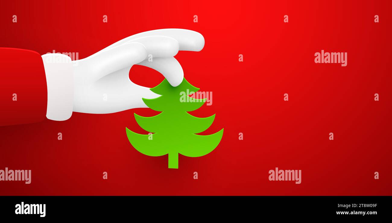 Weihnachtsmann Hand hält Papier Weihnachtsbaum. Vektorabbildung Stock Vektor