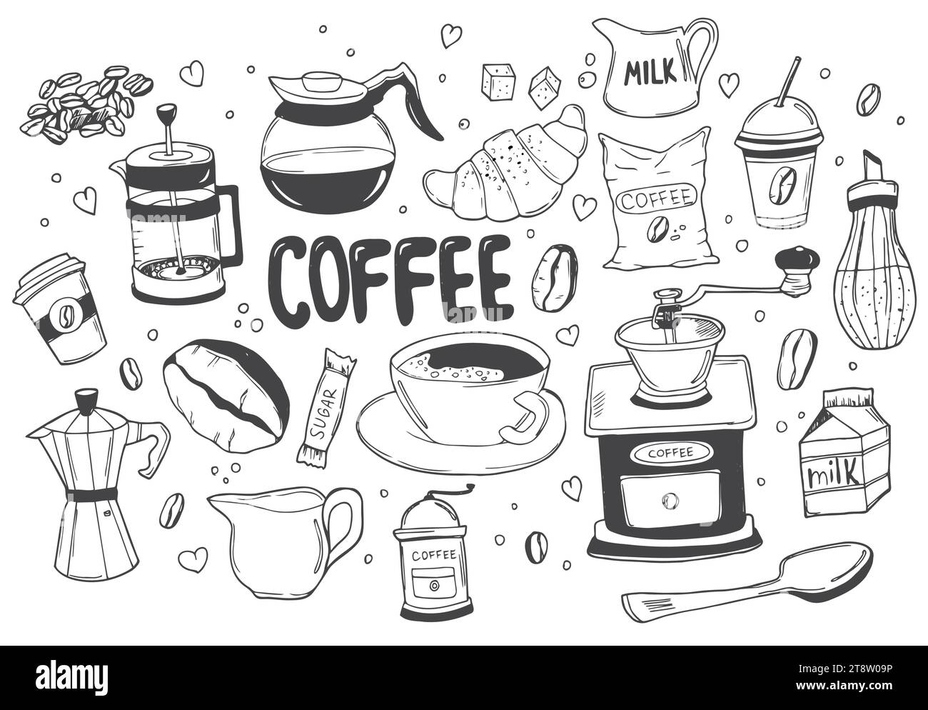 Set mit Kritzeleien, handgezeichnete, grobe, einfache Skizzen, verschiedene Kaffeesorten, Zutaten und Geräte für die Kaffeezubereitung. Vektor isoliert auf weißem Hintergrund Stock Vektor