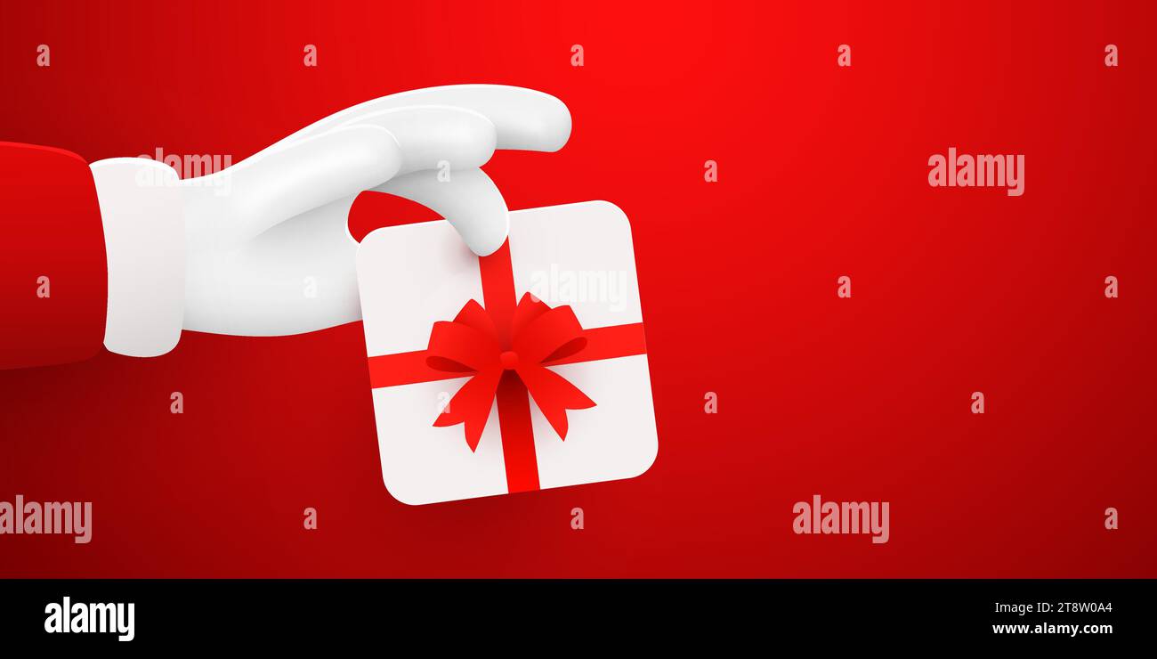 Weihnachtsmann Hand hält Geschenkbox. Hintergrund des Weihnachtsangebots. Vektorabbildung Stock Vektor