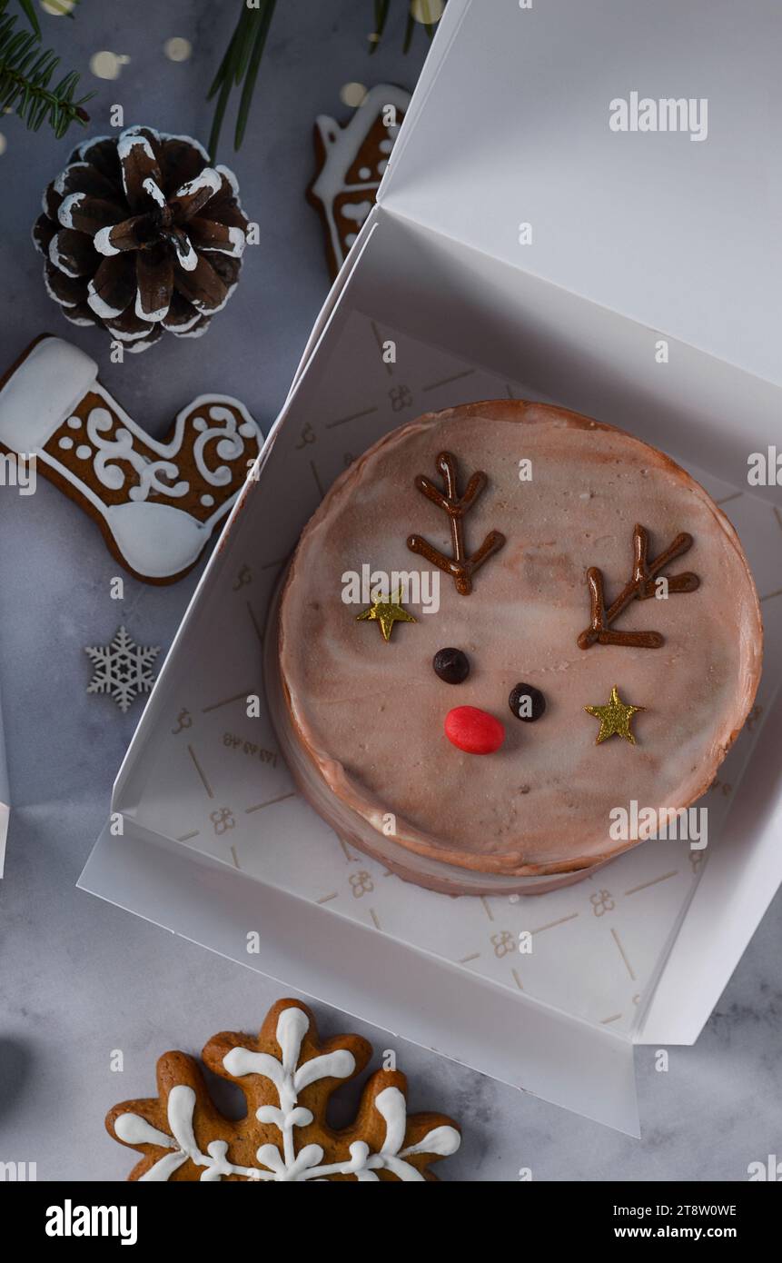 Weihnachtlicher Rentierkuchen, festlicher Bento-Kuchen, Neujahrsdessert auf hellem Hintergrund Stockfoto