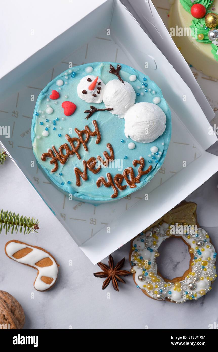 Weihnachtstorte, festlicher Schneemann-Bento-Kuchen, Neujahrsdessert auf hellem Hintergrund Stockfoto