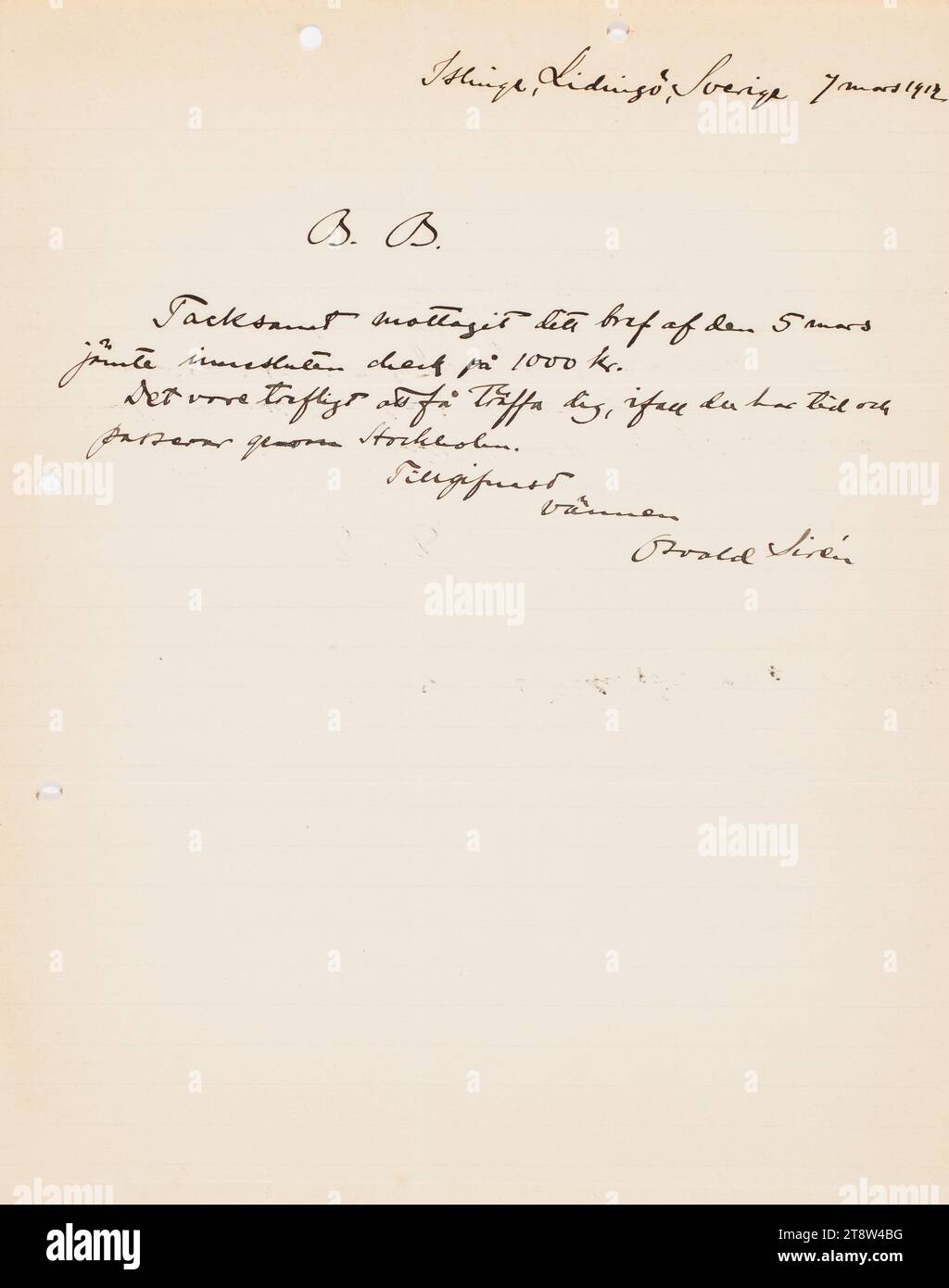 Korrespondenz, Brief von Osvald Sirén an Paul Sinebrychoff, 7,3.1912, Islinge, Lidingö Stockfoto