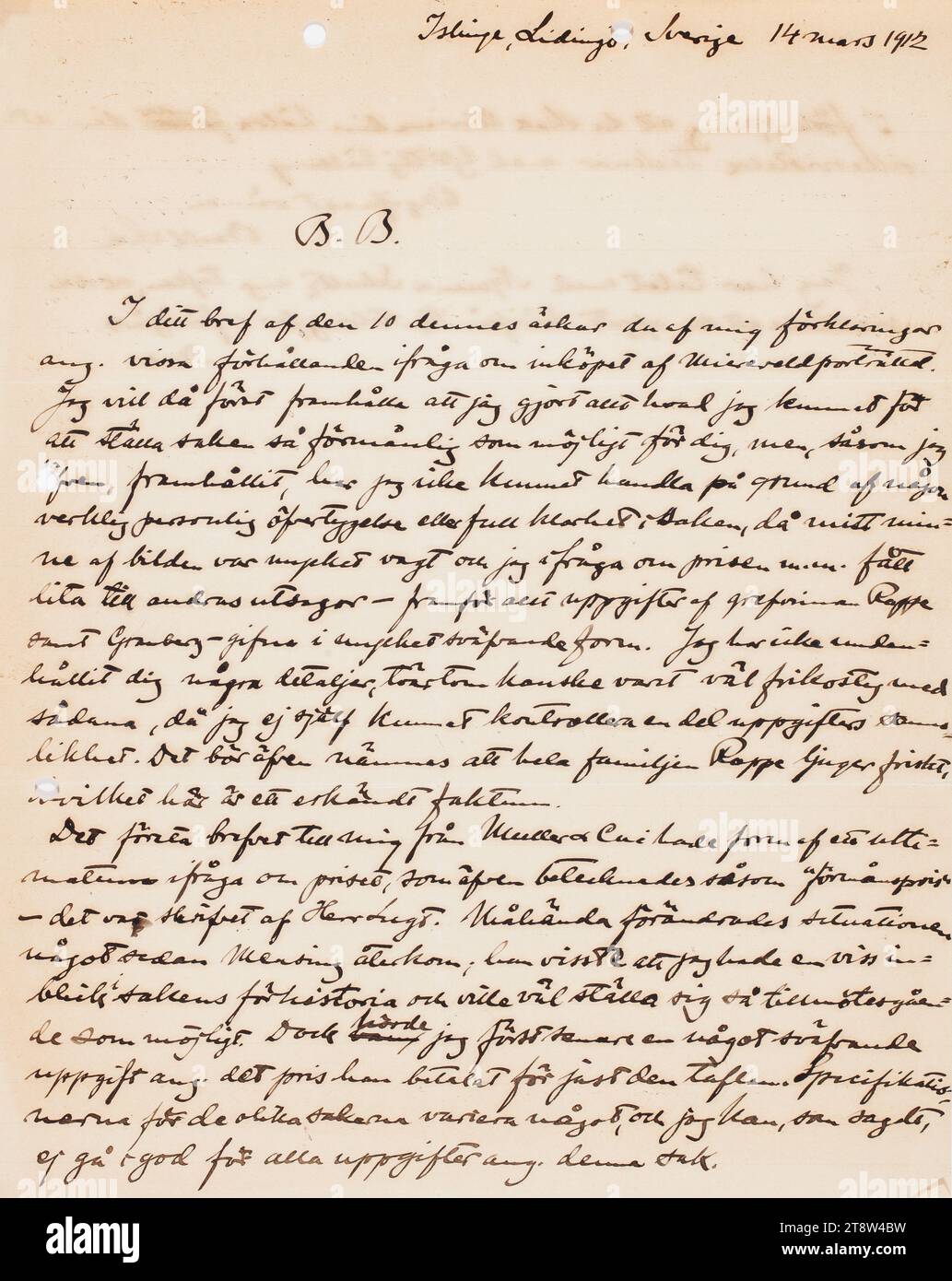 Korrespondenz, Brief von Osvald Sirén an Paul Sinebrychoff 14.3,1912, Islinge, Lidingö Stockfoto
