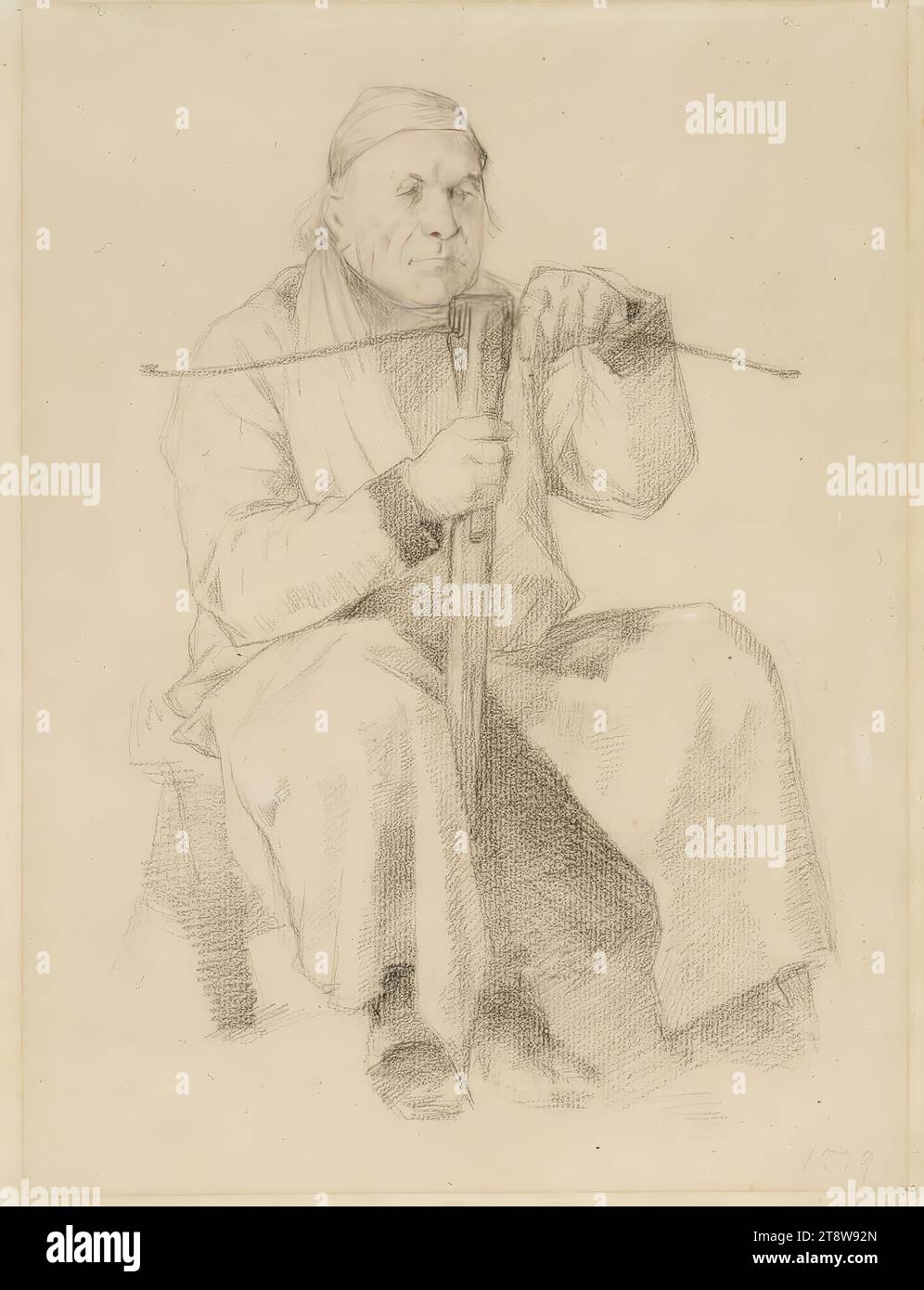 Albert Edelfelt, 21.7,1854, Kiiala Manor, Gemeinde Porvoo, 18.8,1905, Haikko, Gemeinde Porvoo, sitzender alter Mann mit Armbrust in den Händen, 1879, 28 x 21 cm, Bleistift Stockfoto