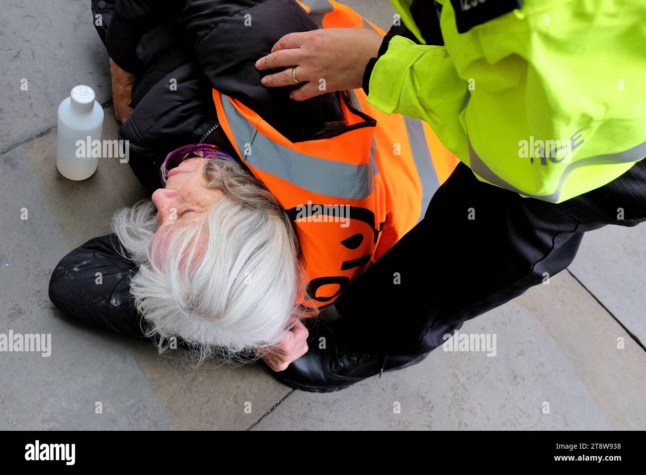 London, Großbritannien. November 2023. Eine Gruppe von Just Stop Oil-Aktivisten wurde verhaftet, kurz nachdem sie die Straße betreten hatten, um einen langsamen marsch durch Whitehall zu führen. Die Gruppe, die fordert, dass die britische Regierung keine Lizenzen mehr für neue Gas- und fossile Brennstoffe mehr erteilt, hat täglich neue langsame Märsche begonnen. Quelle: Eleventh Photography/Alamy Live News Stockfoto