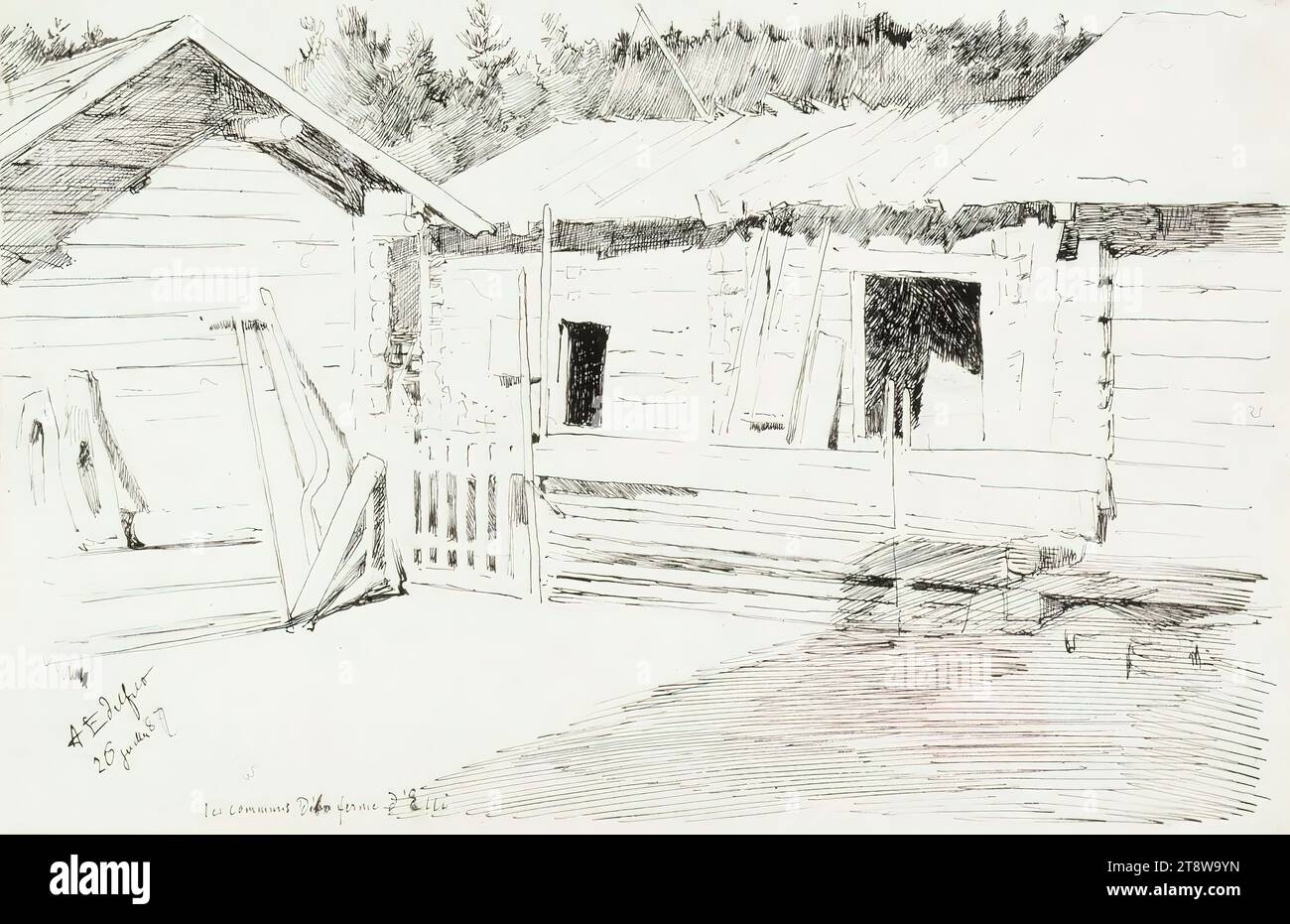 Albert Edelfelt, 21.7,1854, Manor Kiiala, Gemeinde Porvoo, 18.8,1905, Haikko, Gemeinde Porvoo, Nebengebäude von Elli Jäppinen's Farm, 1887, 14 x 21,5 cm, Tinte Stockfoto