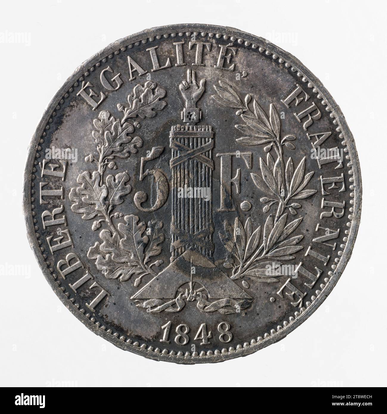 Test auf die Münze von 5 Francs, 1848, Leclerc, Gravierer in Medaillen, Array, Numismatik, Münzprägung, Durchmesser: 3,4 cm, Gewicht (Typenmaß): 24,97 g Stockfoto
