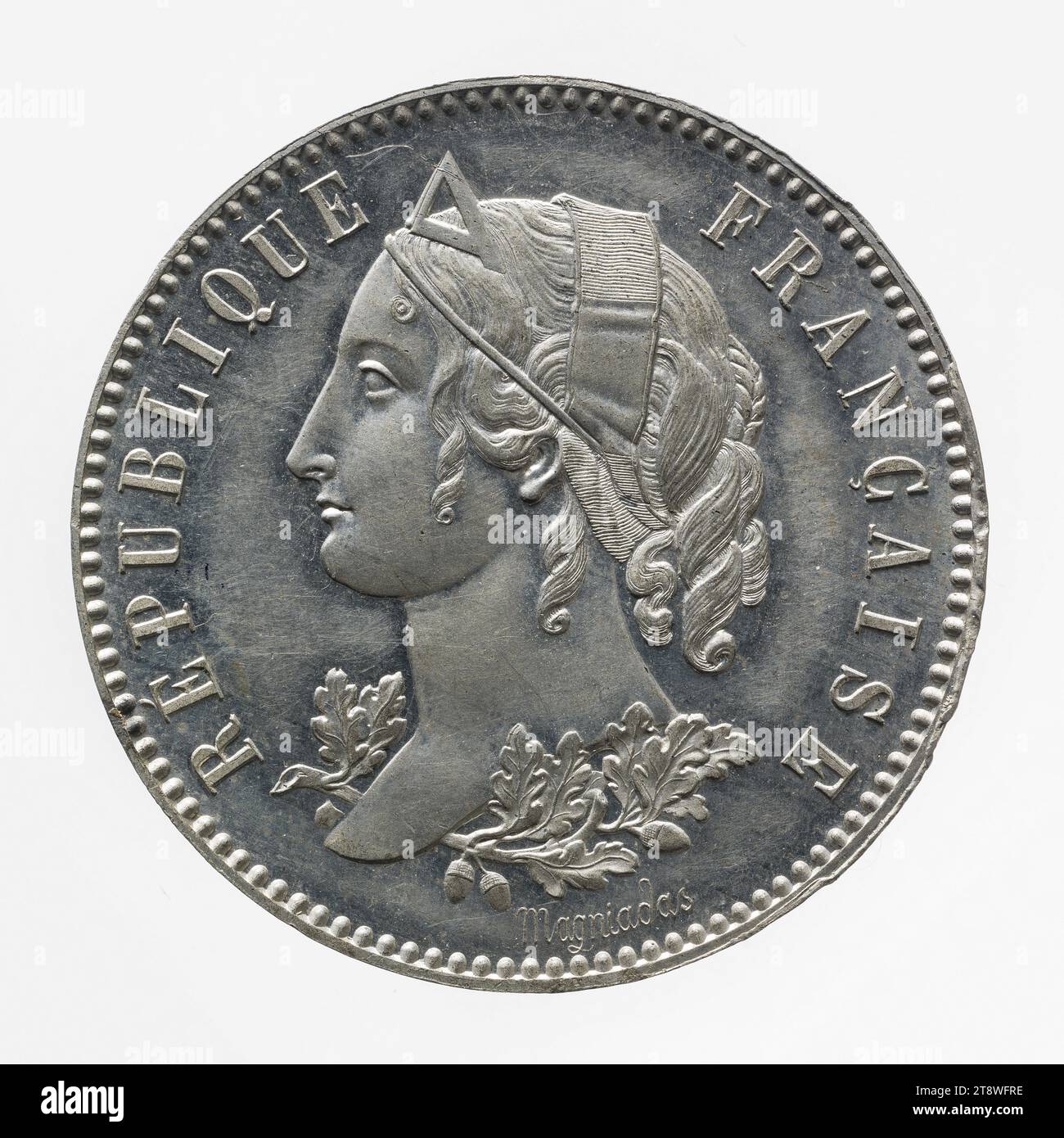 Prüfung auf die Münze von 5 Francs, 1848, Magniadas, Franky, Gravierer in Medaillen, Array, Numismatik, Mint, Größen - Werk: Durchmesser: 3,4 cm, Gewicht (Typengröße): 17,55 g Stockfoto