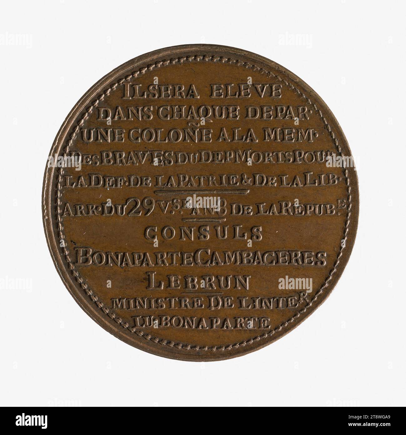 Kolumne der Abteilung des Rhône zum Gedenken an die Bürger, die für das Vaterland und die Freiheit gestorben sind, 25. messidorjahr VIII (14. Juli 1800), Mercié, Claude Antoine, Gravierer in Medaillen, in 1800, Numismatic, Medaille, Durchmesser: 3,3 cm, Gewicht (Typenmaß): 13,98 g Stockfoto