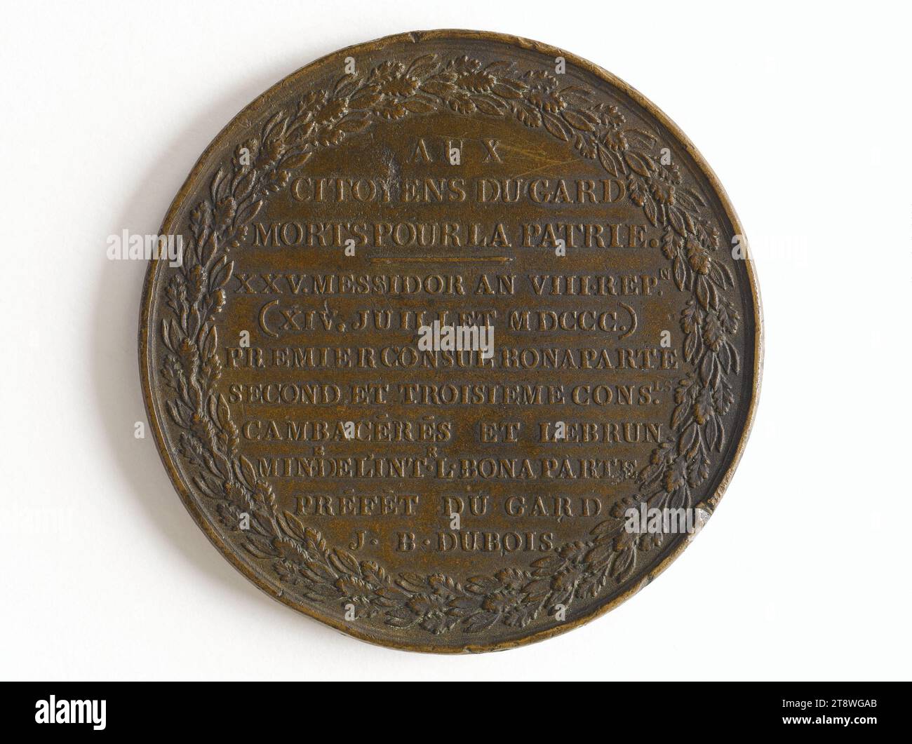 An die Bürger des Gard, die für das Vaterland gestorben sind, 25 messidor Jahr VIII (14. juli 1800), Mercié, Claude Antoine, Gravierer in Medaillen, im Jahr 1800, numismatisch, Medaille, Durchmesser: 6,2 cm, Gewicht (Typenabmessung): 80,43 g Stockfoto