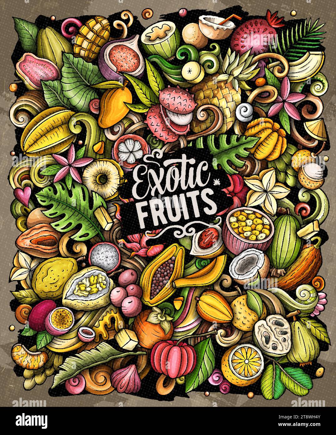 Exotische Früchte Karikaturvektorkritzelillustration. Tropische Lebensmittelelemente und Objekte Hintergrund. Leuchtende Farben lustiges Bild. Alle Elemente sind getrennt Stock Vektor