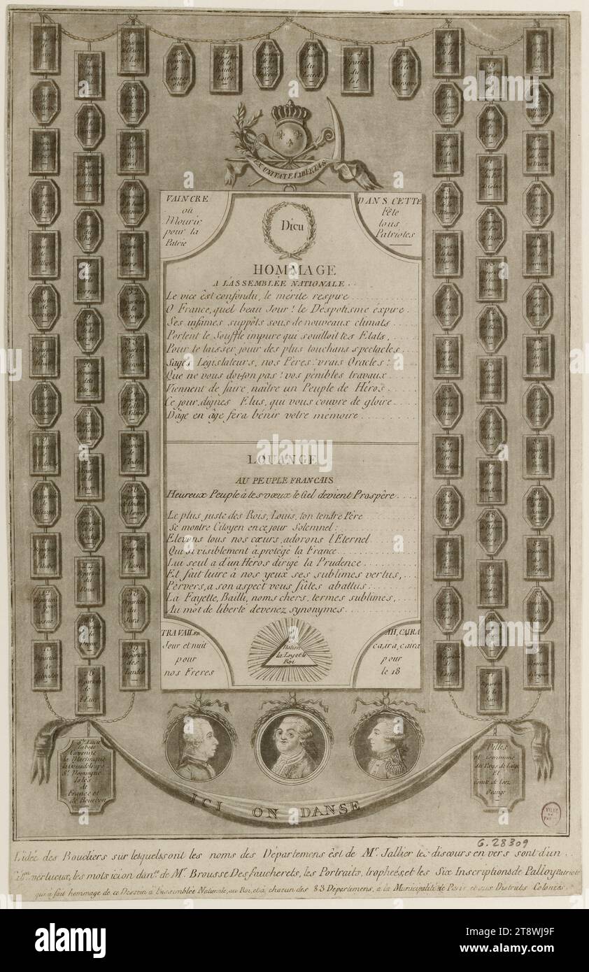 ICI ÜBER DANSE, Palloy, Pierre-Francois, Gravierer, 1790, Grafik, Französische Revolution, Druck, Aquatint, Höhe: 32,8 cm, Breite: 21,3 cm Stockfoto