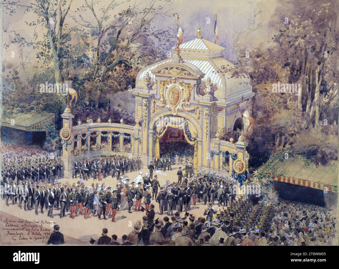 Ankunft von Zar Nikolaus II. Und Czarina Alexandra Feodorovna am Bahnhof auf dem Ranelagh Rasen, 6. Oktober 1896, Scellier de Gisors, Louis Henri Georges, Zeichner, 6-10-1896, Zeichnen, Grafik, Zeichnen, Höhe: 32 cm, Breite: 44 cm Stockfoto