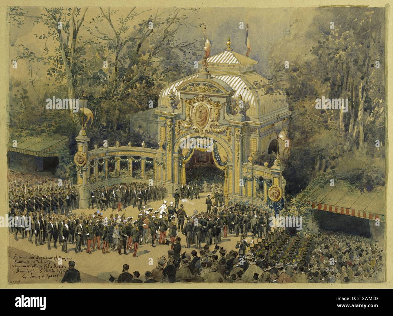 Ankunft von Zar Nikolaus II. Und Czarina Alexandra Feodorovna am Bahnhof auf dem Ranelagh Rasen, 6. Oktober 1896, Scellier de Gisors, Louis Henri Georges, Zeichner, 6-10-1896, Zeichnen, Grafik, Zeichnen, Höhe: 32 cm, Breite: 44 cm Stockfoto