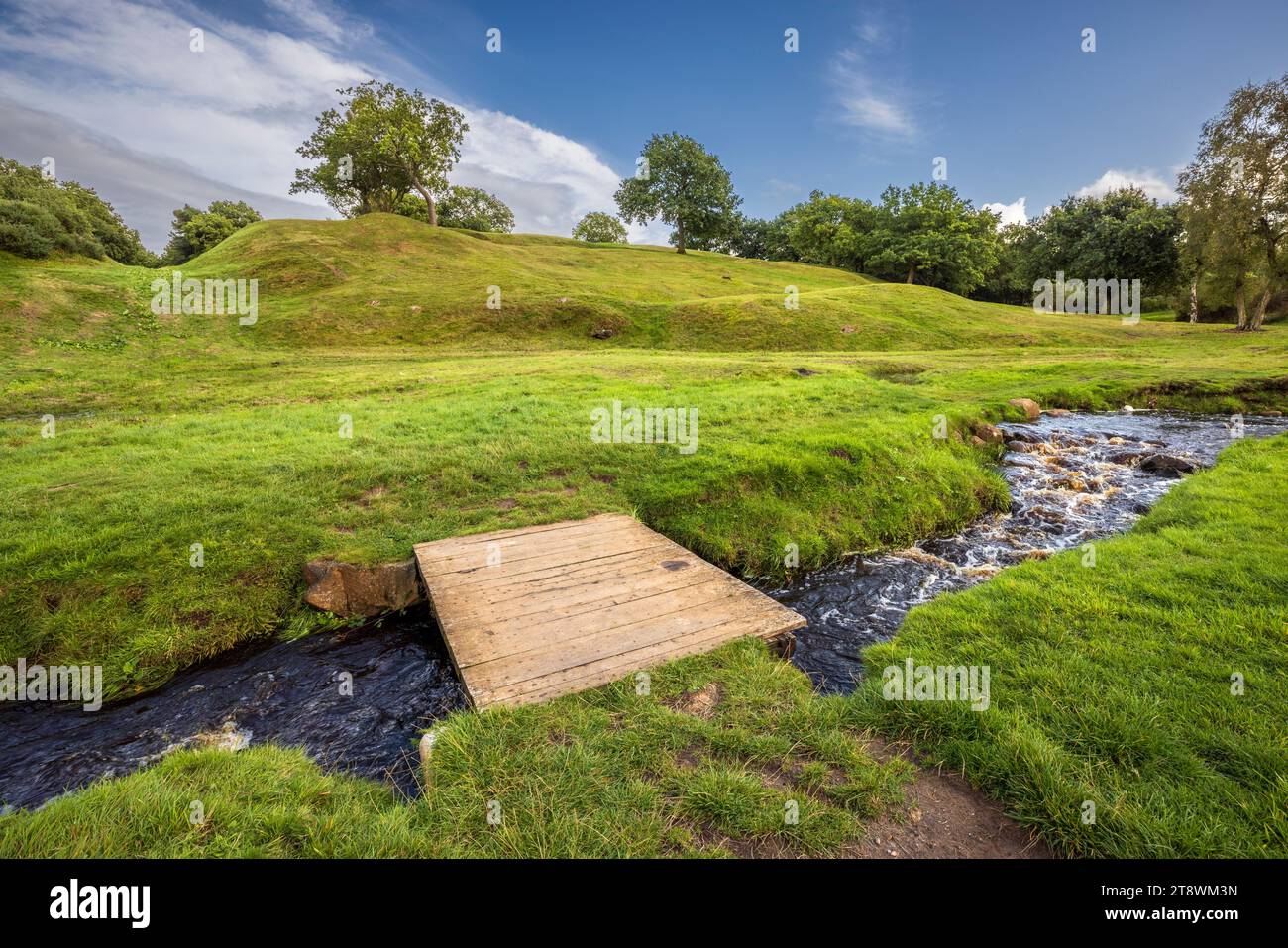 Über Rowantree Burn zum Rough Castle Roman Fort und zur Antonine Wall, Falkirk, Stirling, Schottland Stockfoto