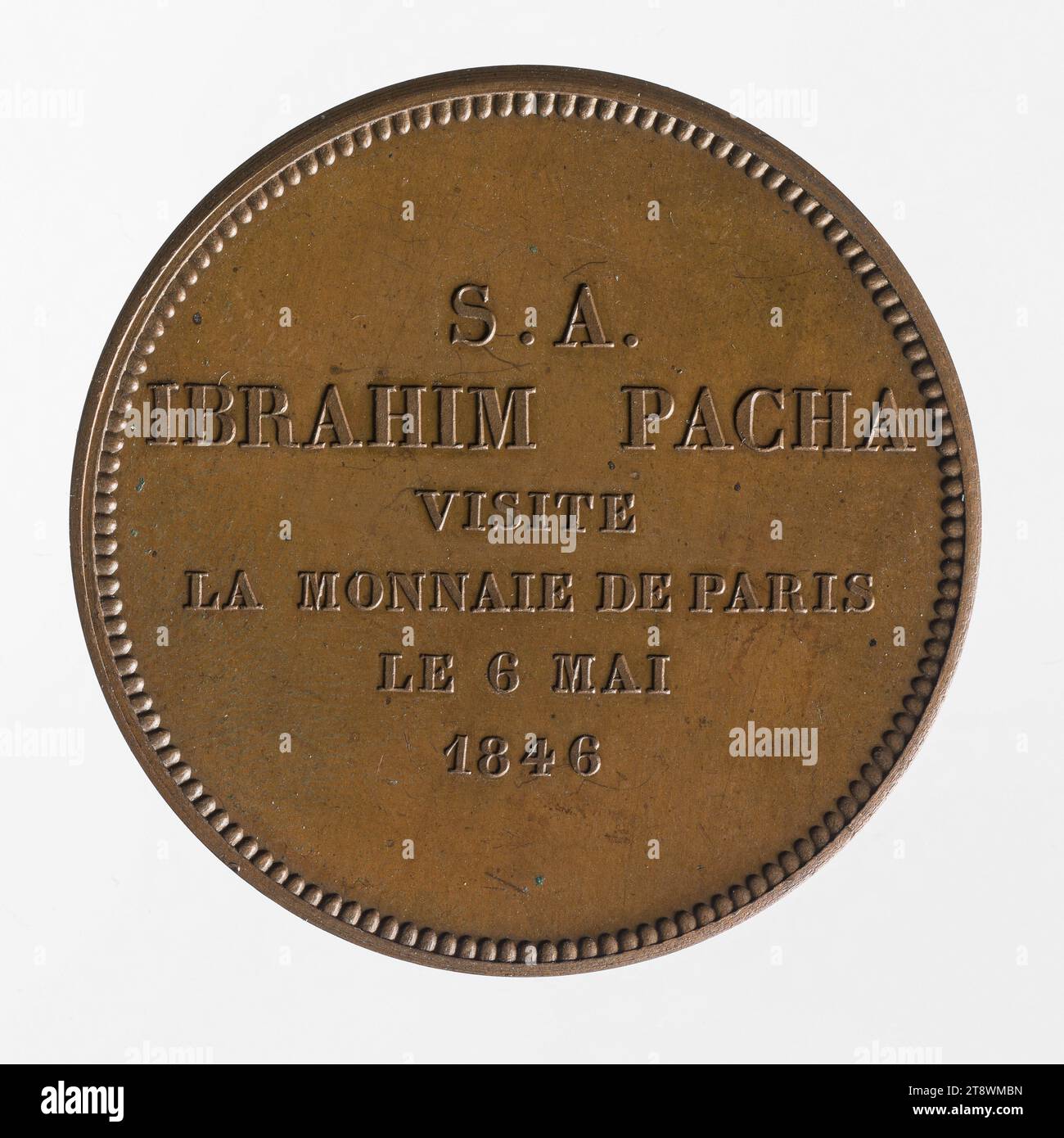 Gedenkmünze für den Besuch von Ibrahim Pascha bei der Münzstätte von Rouen, 1846, Tiolier, Nicolas-Pierre, Gravierer in Medaillen, 1846, Numismatic, Münzprägeanstalt, Paris, Durchmesser: 3,4 cm, Gewicht (Typengröße): 20,2 g Stockfoto