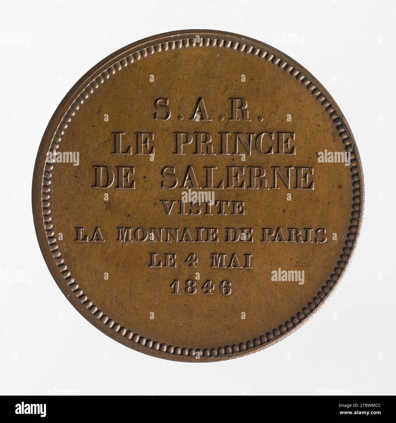 Gedenkmünze für den Besuch des Prinzen von Salerno in der Münze von Rouen, 1846, Tiolier, Nicolas-Pierre, Gravierer in Medaillen, 1846, Numismatic, Münzprägeanstalt, Paris, Durchmesser: 3,4 cm, Gewicht (Typenabmessung): 19,51 g Stockfoto