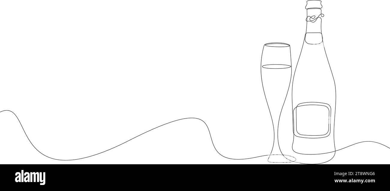 Einzelne durchgehende Strichzeichnung für Champagnerflasche und Glas. Cheers Toast One Line Art. Kontur festliche Dekoration für Feiertage, Valentinstag oder New Y Stock Vektor