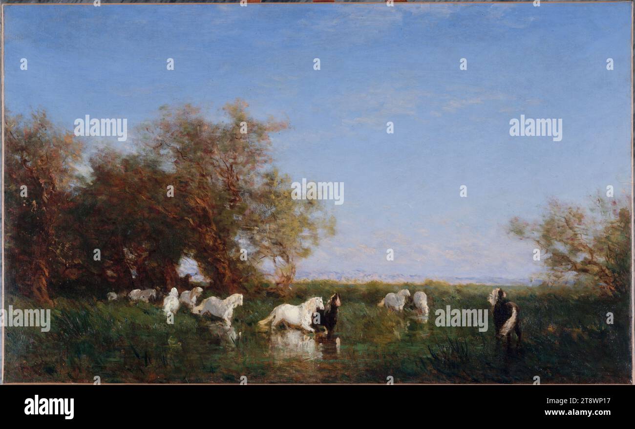 Wilde Pferde in der Camargue, Ziem, Felix, Maler, zwischen 1890 und 1895, 4. Viertel des 19. Jahrhunderts, Malerei, Ölgemälde, Leinwand, Höhe: 69 cm, Breite: 112,5 cm, Abmessungen - Rahmen:, Höhe: 78 cm, Breite: 121,5 cm, Dicke: 4,4 cm Stockfoto