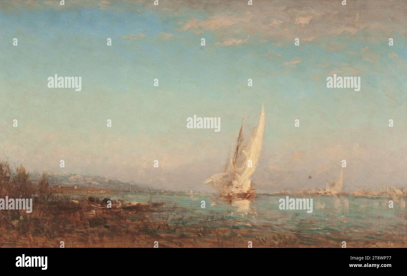 Martigues, das weiße Segel, Ziem, Felix, Maler, zwischen 1890 und 1895, 4. Viertel des 20. Jahrhunderts, Malerei, Ölgemälde, Holz, Höhe: 68 cm, Breite: 112 cm, Abmessungen - Rahmen:, Höhe: 92 cm, Breite: 135 cm, Dicke: 4 cm Stockfoto